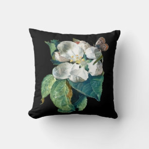BUTTERFLY ON THE WHITE FLOWER , BLACK FLORAL THROW PILLOW