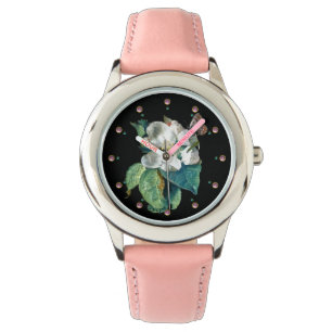BUTTERFLY ON THE WHITE FLOWER , BLACK FLORAL WATCH