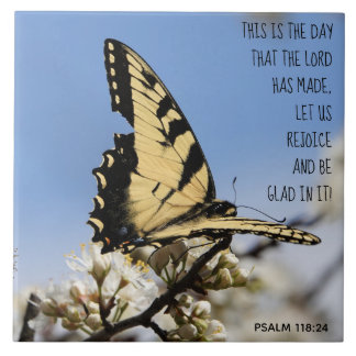 Butterfly on white blossom, verse Psalm 118:2 Tile