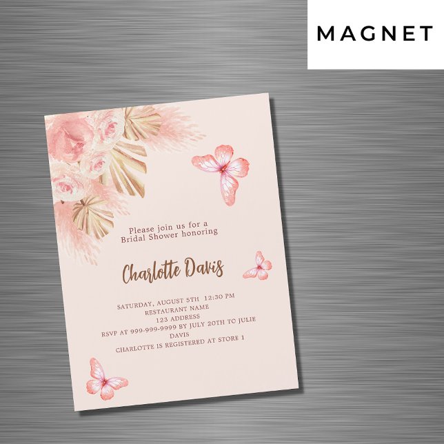 Butterfly pampas grass pink luxury Bridal Shower Magnetic Invitation (Creator Uploaded)