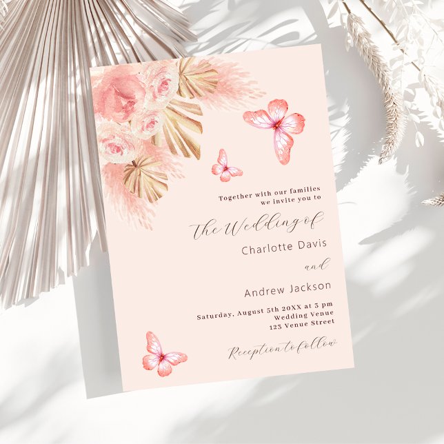 Butterfly pampas grass pink rose gold wedding invitation (Creator Uploaded)