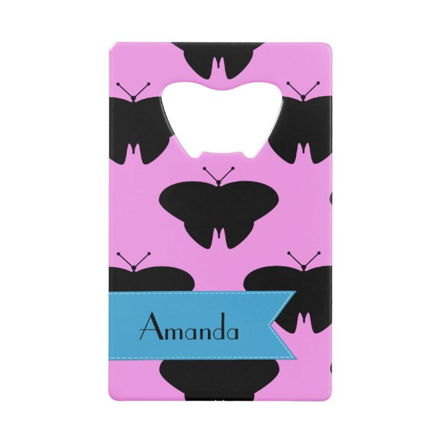 Butterfly Pattern, Black Butterflies, Your Name Wallet Bottle Opener (Front)