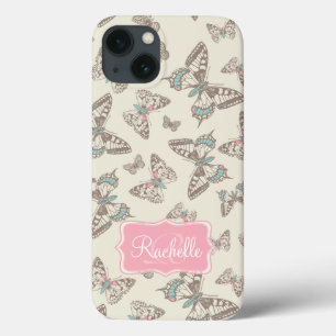 Butterfly pattern cream brown pink name ipad case