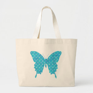Butterfly, pattern in blue, turquoise, white large tote bag