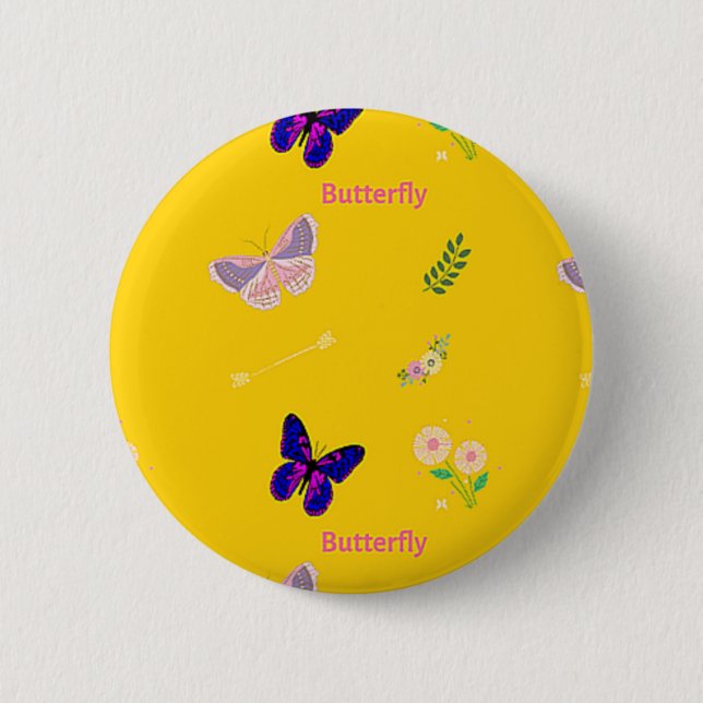 Butterfly pattern on yellow 2 inch round button (Front)