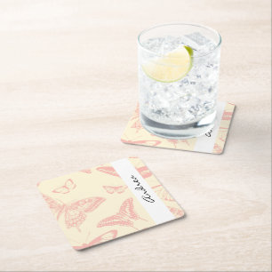 Butterfly Pattern, Pink Butterflies, Your Name Square Paper Coaster