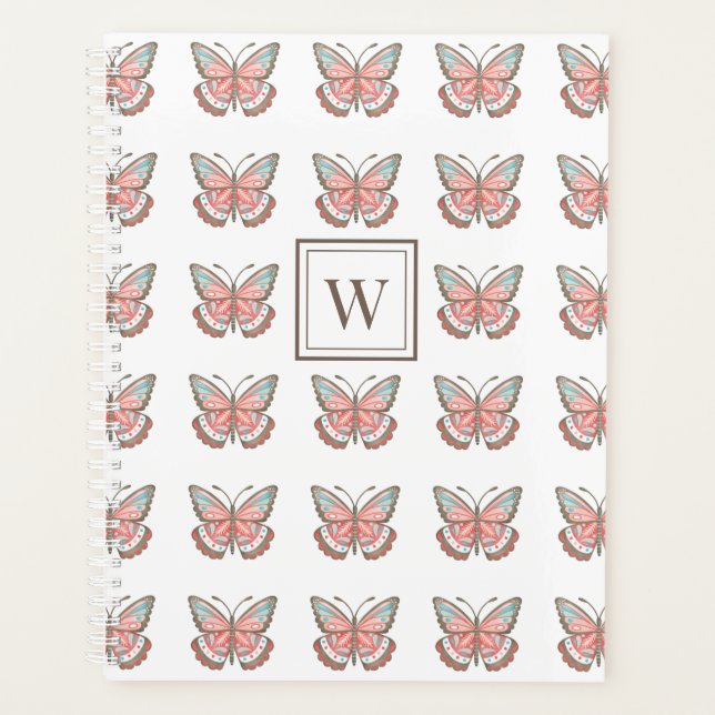 Butterfly Pattern Simple Pink Monogram Planner (Front)