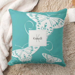 Butterfly Pattern Teal And White Throw Pillow