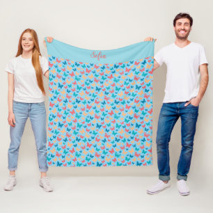Butterfly pattern turquoise purple blue name fleece blanket