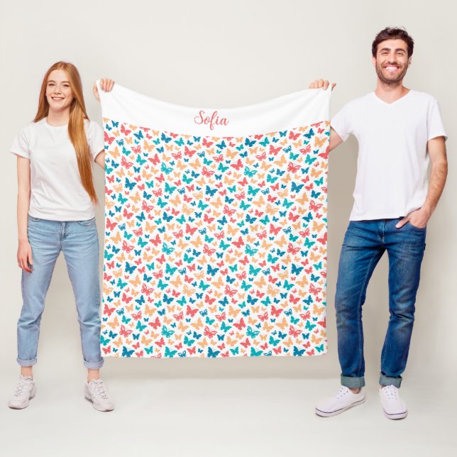 Butterfly pattern turquoise purple white name fleece blanket (In Situ)