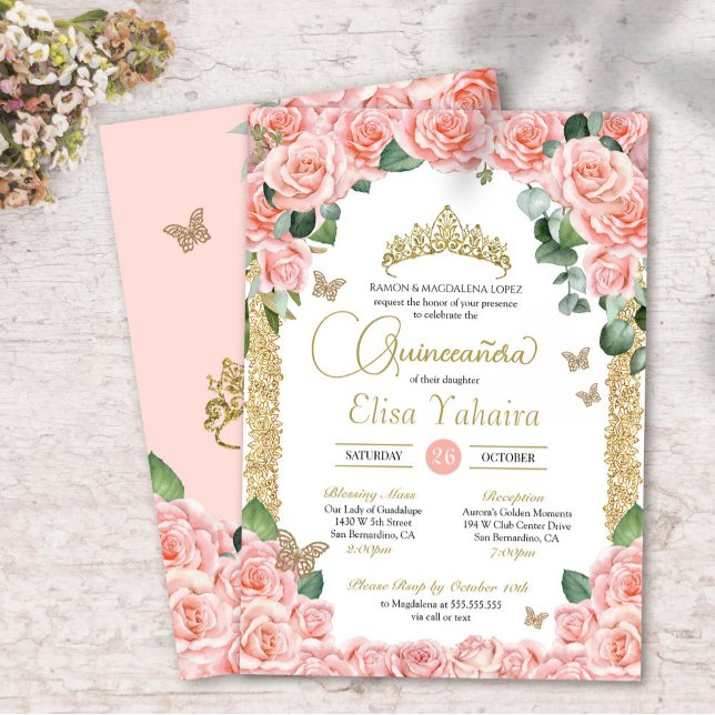 Butterfly Peach Floral Rose and Gold Quinceanera Invitation (Creator Uploaded)