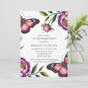 Butterfly & Peony Girl 1st. Birthday Party Invitation