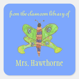 Butterfly personalized teacher bookplate square sticker