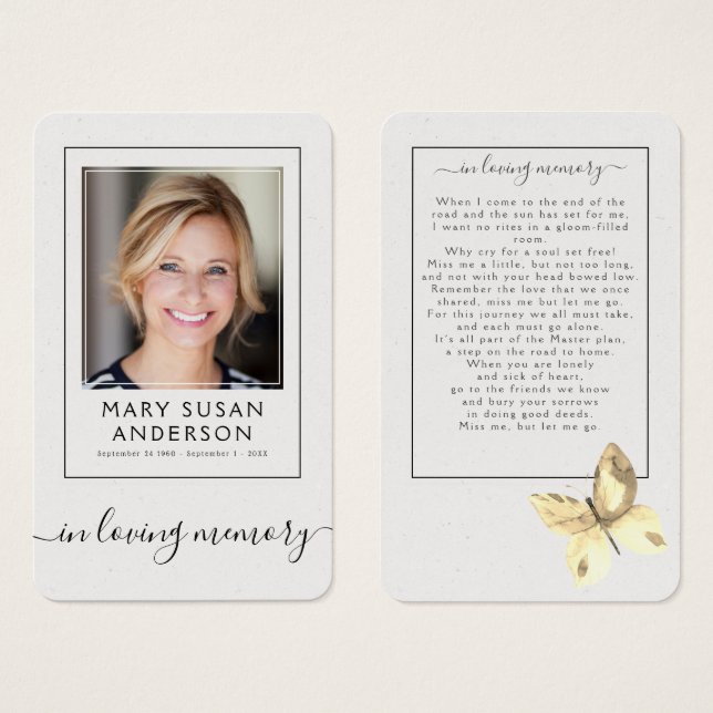 Butterfly Photo Funeral Memorial Poem Card (Front & Back)