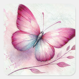 Butterfly Pink Botanical Watercolor Square Sticker