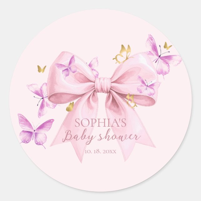 Butterfly Pink Bow Baby Shower  Classic Round Sticker (Front)