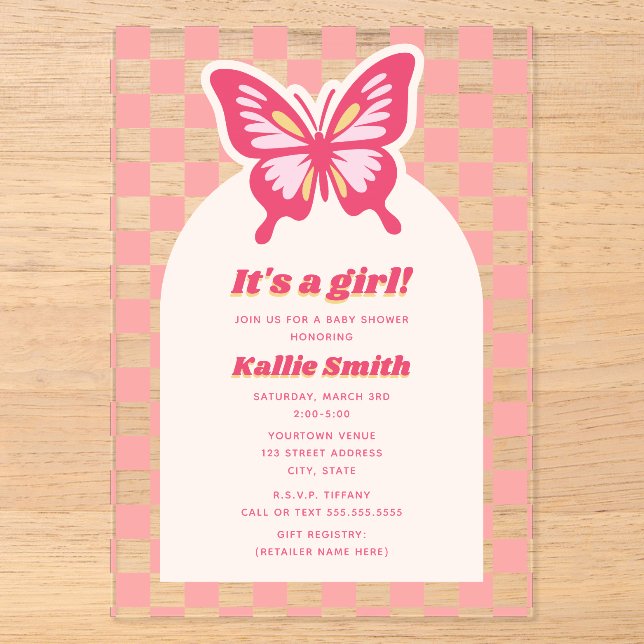 Butterfly Pink Chequerboard Girl Baby Shower Acrylic Invitations (Front)