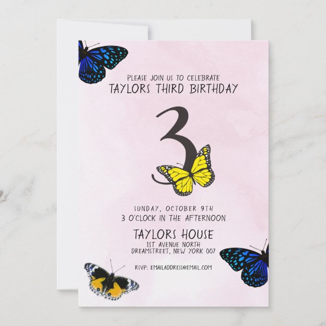 Butterfly Pink Cute Watercolor 3RD Birthday Party Invitation (Front)