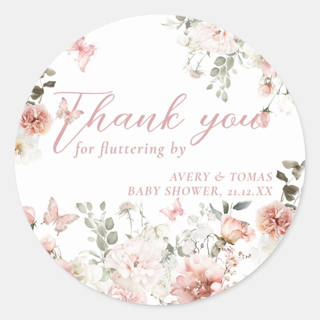 Butterfly Pink Floral Baby Shower fluttering by Classic Round Sticker (Front)