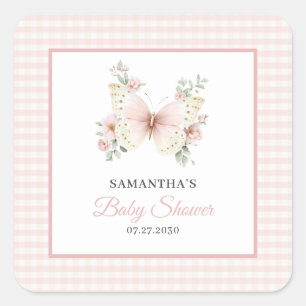 Butterfly Pink Gingham Floral Girl Baby Shower  Square Sticker