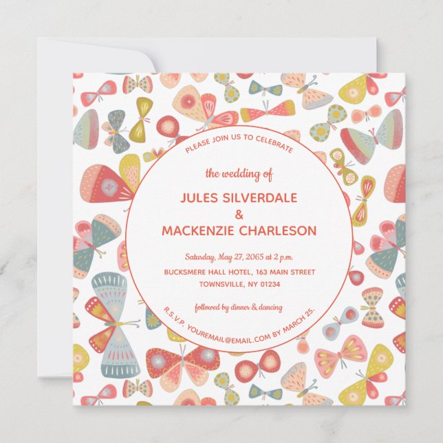 Butterfly Pink Green Wedding Invitation (Front)