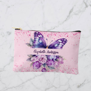 Butterfly pink purple flowers accessory pouch