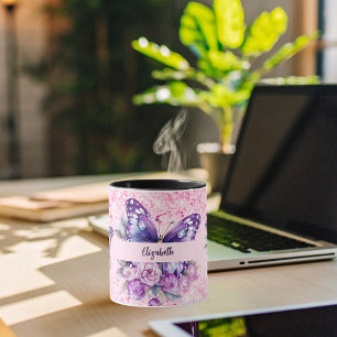 Butterfly pink purple flowers mug