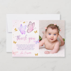 Butterfly Pink Purple Gold Girl 1st Birthday Photo Thank You Card