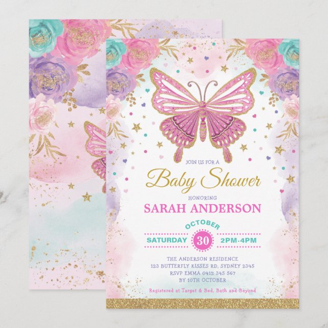 Butterfly Pink Purple Teal Rainbow Baby Shower Invitation (Front/Back)