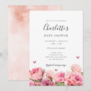 Butterfly Pink Rose Girl Baby Shower Invitation