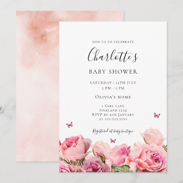 Butterfly Pink Rose Girl Baby Shower Invitation (Devant / Derrière)