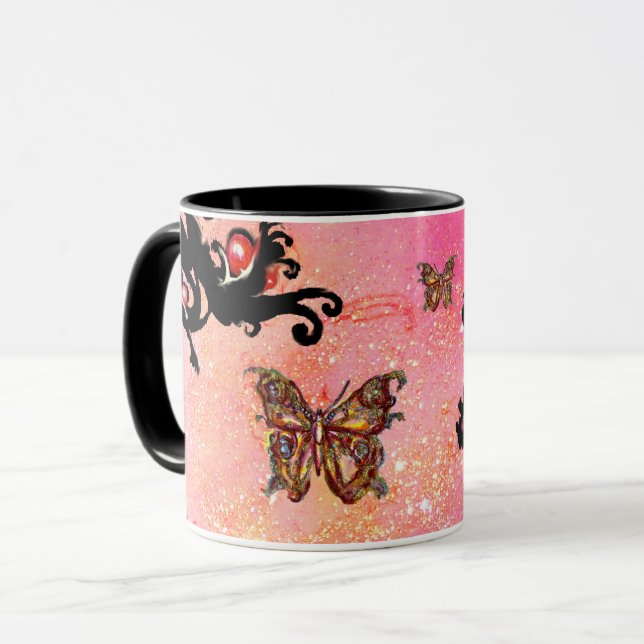 BUTTERFLY PINK SPARKLES, BLACK FLORAL MONOGRAM, MUG (Front Left)