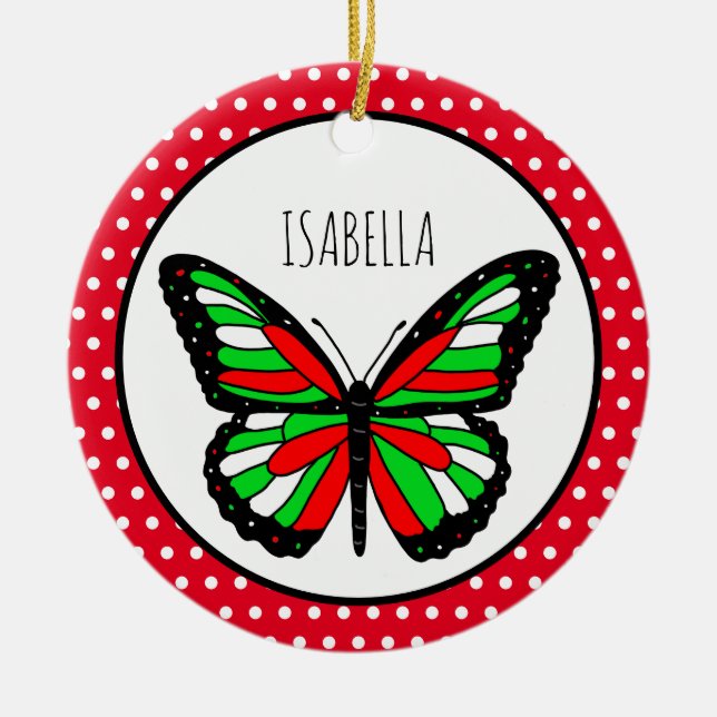 Butterfly Polka Dot Personalized Christmas Ceramic Ornament (Front)