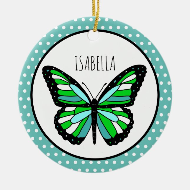 Butterfly Polka Dot Personalized Christmas   Ceramic Ornament (Front)