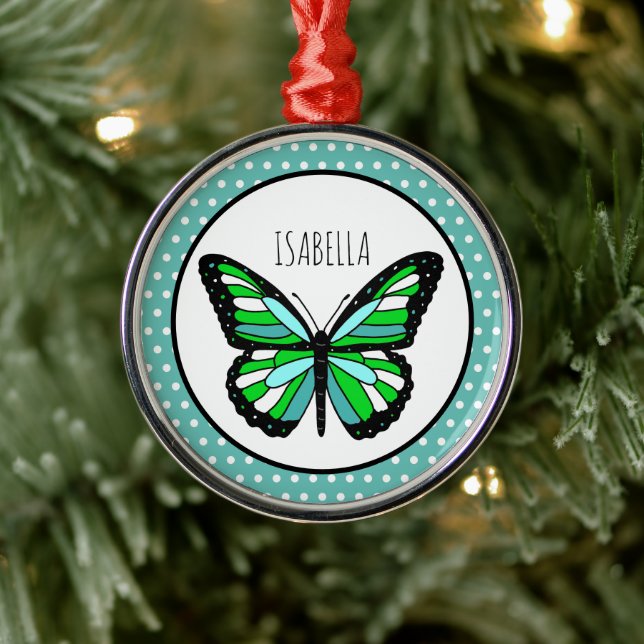 Butterfly Polka Dot Personalized Christmas  Metal Ornament (Tree)