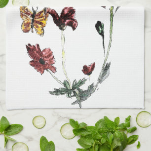 Butterfly Poppy Flowers Illustration Kitchen Towel