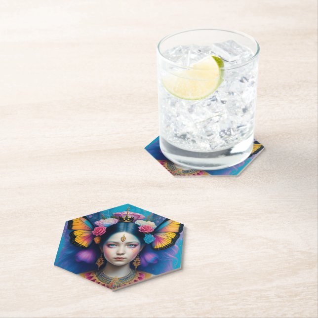 Butterfly princess with tiny crown paper coaster (Insitu)