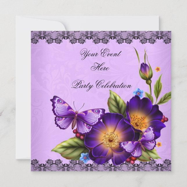 Butterfly Purple Black Lace Flower Damask Party Invitation (Front)