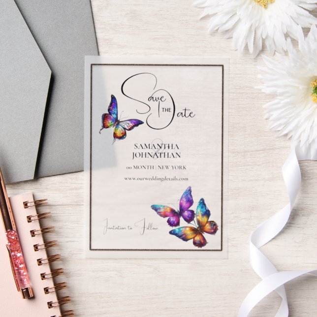 Butterfly purple blue orange save the date vellum invitations (Wedding)