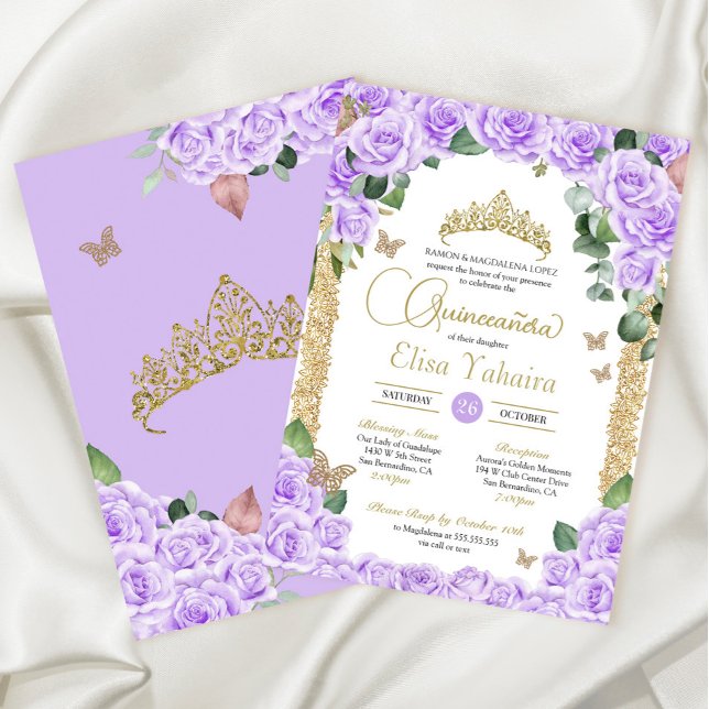 Butterfly Purple Floral Rose and Gold Quinceanera Invitation (Creator Uploaded)