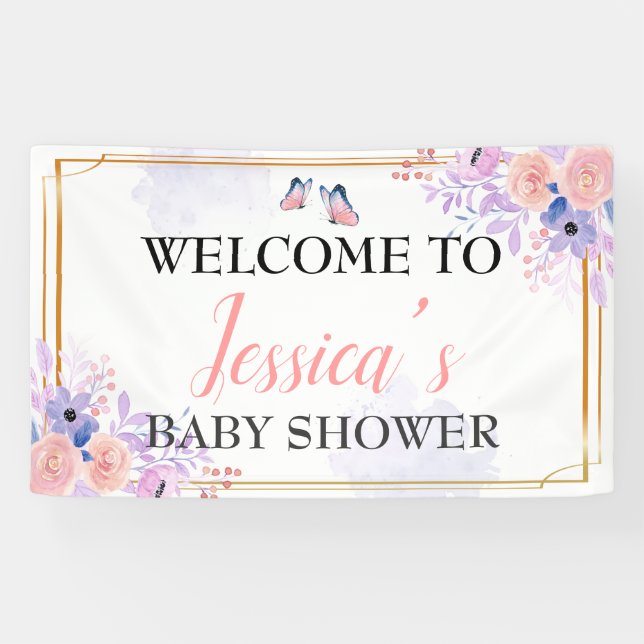 Butterfly Purple Pink Girl Baby Shower Backdrop Banner (Horizontal)