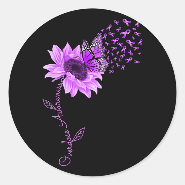 Butterfly Purple Ribbon Sunflower Overdose Awarene Classic Round Sticker (Front)