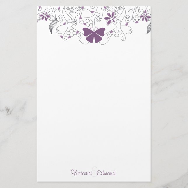 Butterfly Purple Whimsy Personalized Stationery (Front)