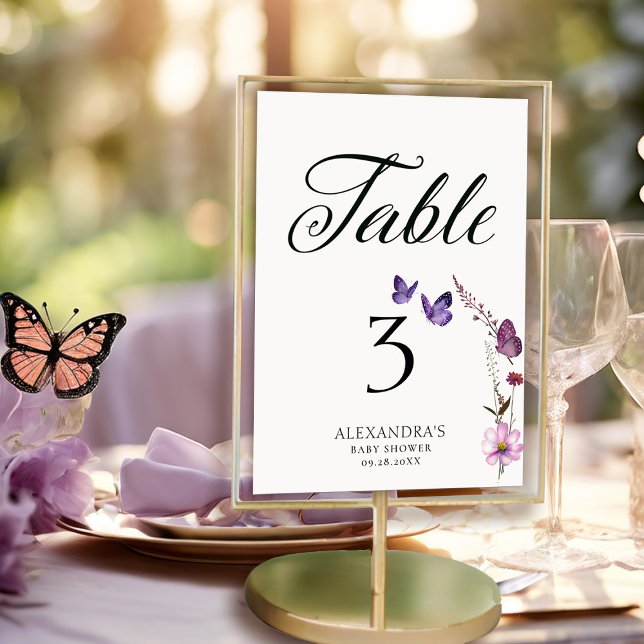 Butterfly Purple Wild Baby shower Numéro de table (butterflies wildflowers table number baby shower bridal wedding birthday party spring summer garden)