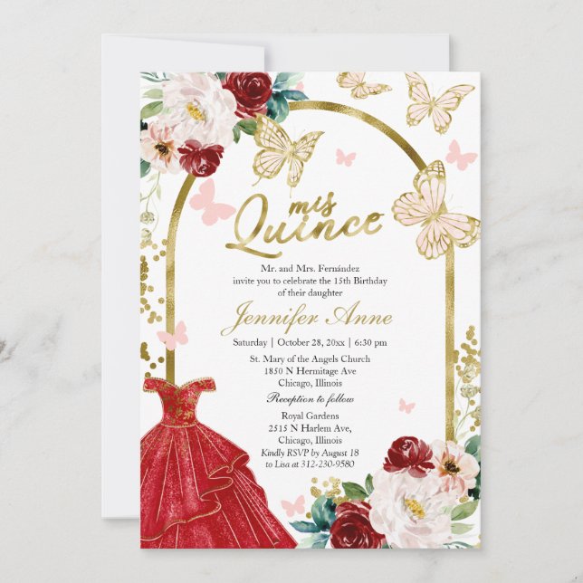 Butterfly Quince Red Dress Bilingual Invitations (Front)