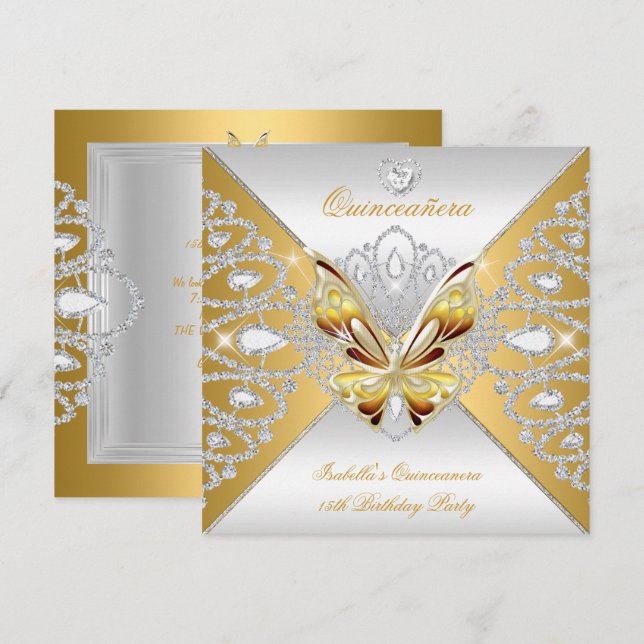 Butterfly Quinceanera 15th Party Gold Silver Tiara Invitation (Front/Back)