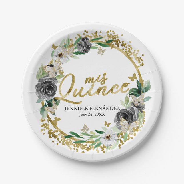 Butterfly Quinceanera Paper Plates Black Floral (Front)