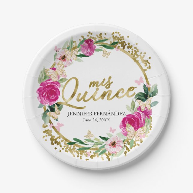 Butterfly Quinceanera Paper Plates Hot Pink Floral (Front)