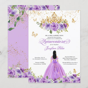 Butterfly Quinceañera Purple Watercolor Flowers In Invitation