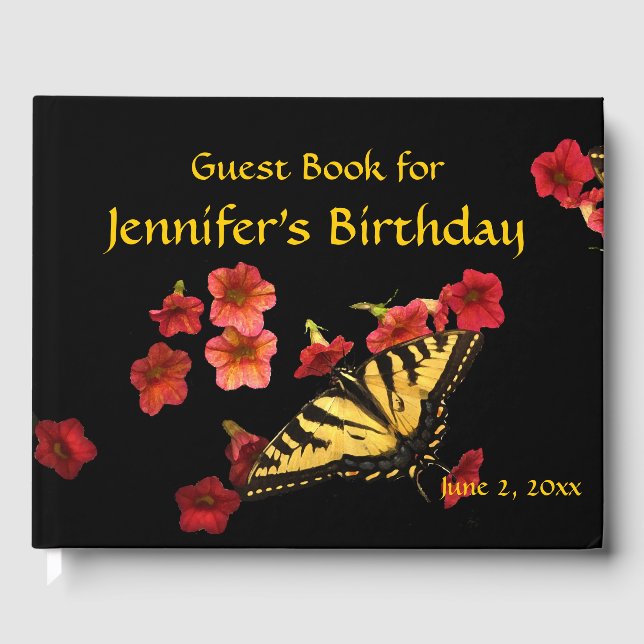 Butterfly Red Flowers Birthday Party Guest Book (Front)